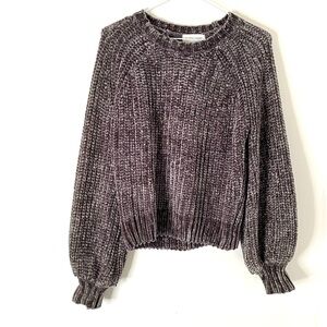 bella dahl Chenille Chunky Knit Baggy Sleeve Sweater Crew Scoop Neck Grey Purple